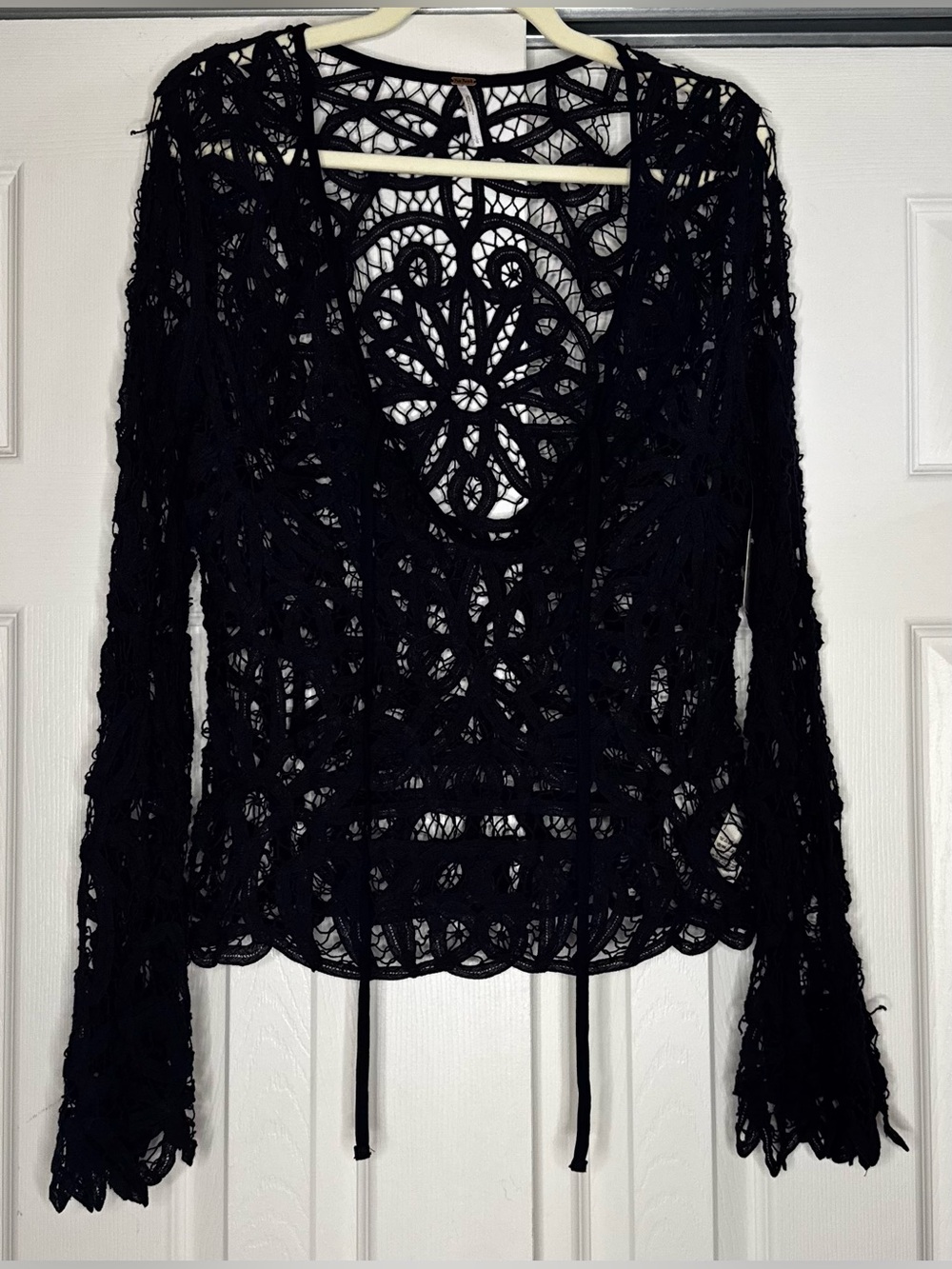 Free People Navy Crochet Lace Long Sleeve Scoop Neck Cotton Blouse - Size L